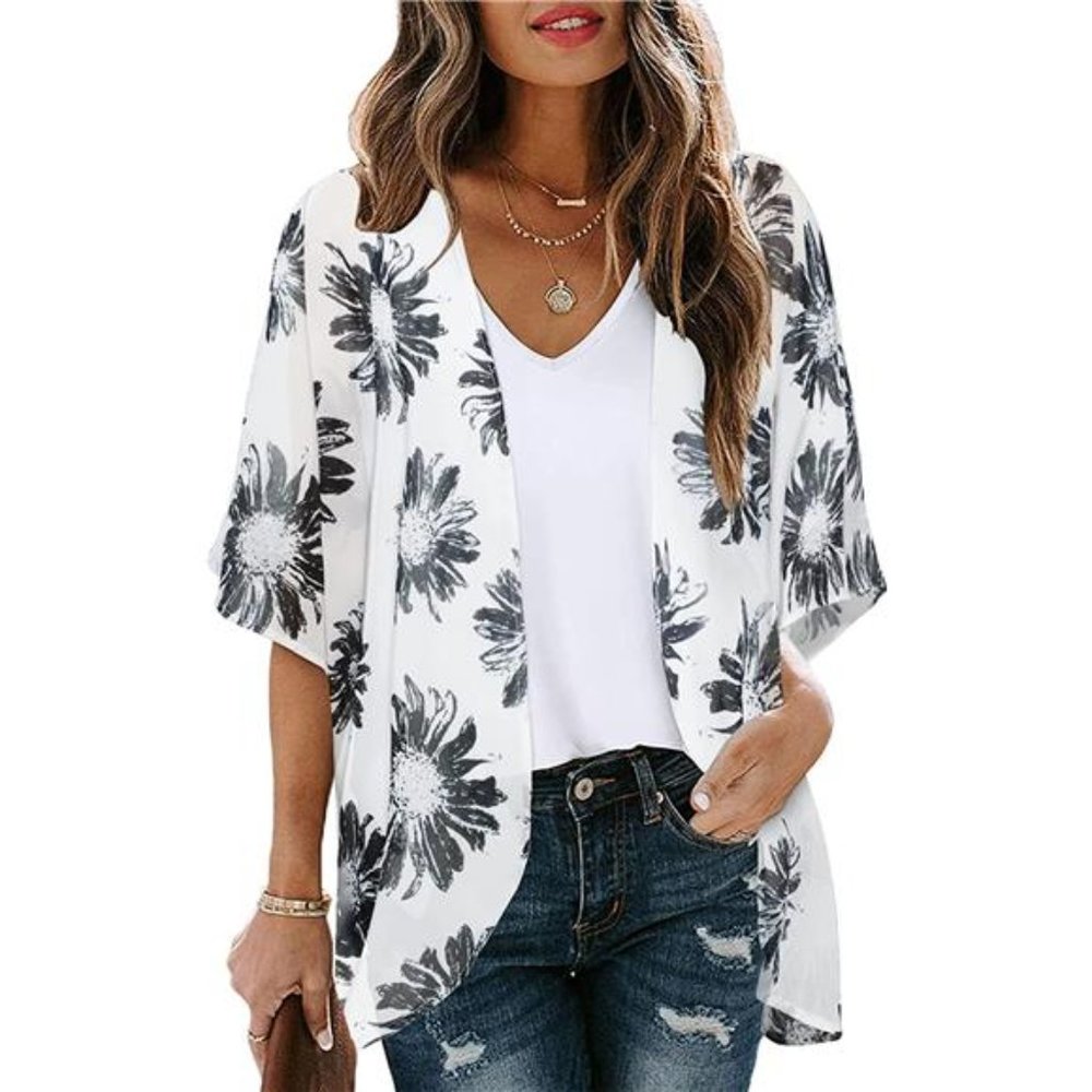 Women's Floral Print Puff Sleeve Kimono Cardigan Loose Cover Up Blouse Top